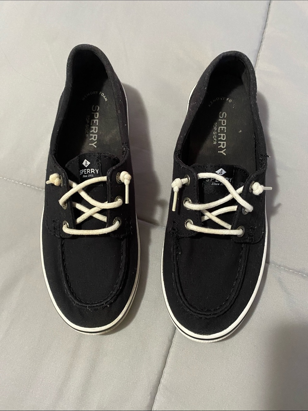 Sperry Women’s Black Canvas Boat Moccasins with White Laces